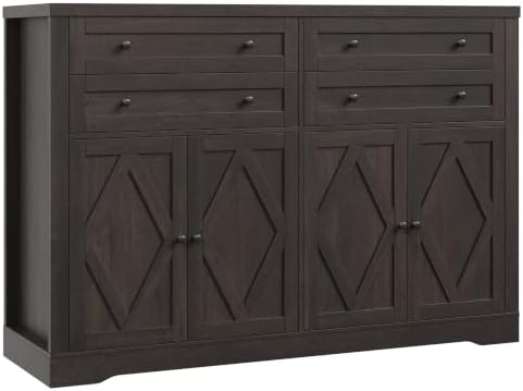 55" W Kitchen Buffet Sideboard Cabinet with 4 Storage Drawer in Dark Brown