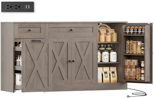 59" W Kitchen Buffet Cabinet with Storage in Ash Grey