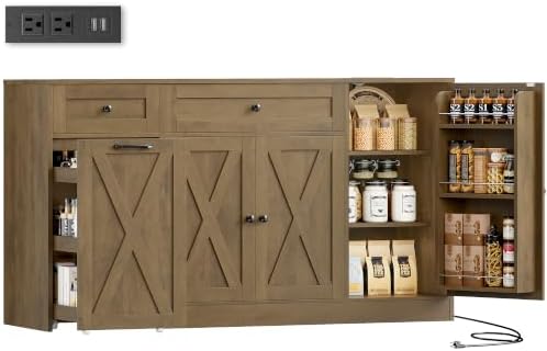 59" W Kitchen Buffet Cabinet with Storage in Rustic Brown