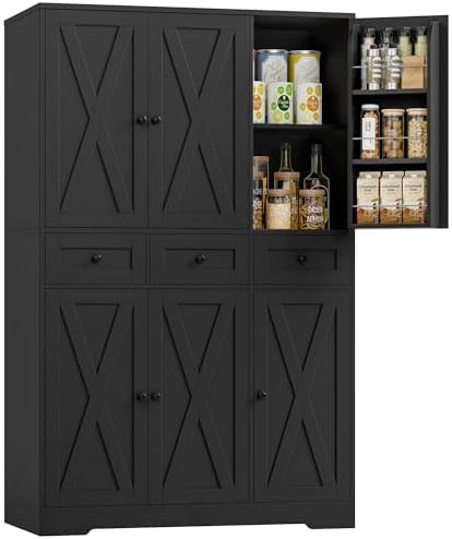 67"H Farmhouse Kitchen Pantry Storage Cabinet with 3 Drawers in Black