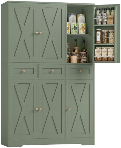 67"H Farmhouse Kitchen Pantry Storage Cabinet with 3 Drawers in Green