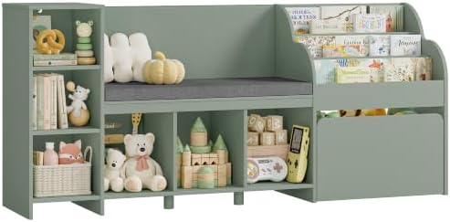 67"W Kids Reading Nook with Bookshelf in Green