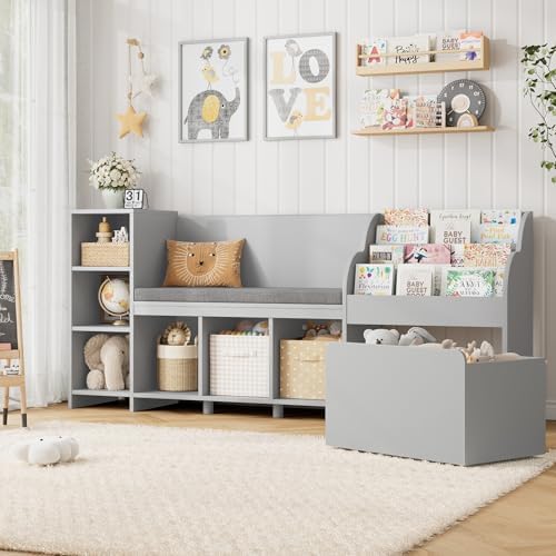 67" W Kids Reading Nook with Bookshelf in Grey