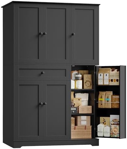 68" Tall Kitchen Pantry Storage Cabinet with Doors & Shelves in Black