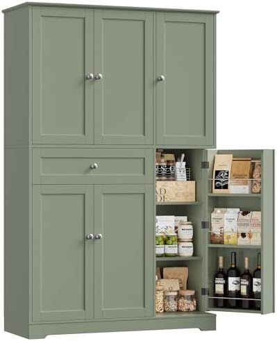 68" Tall Kitchen Pantry Storage Cabinet with Doors & Shelves in Sage Green