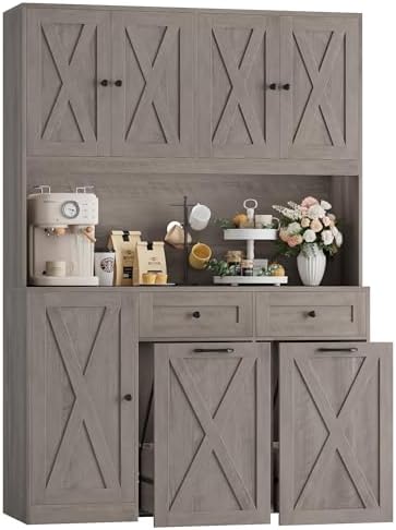 71" Kitchen Pantry with 12.5 Gallon Double Trash Can Cabinet in Ash Grey