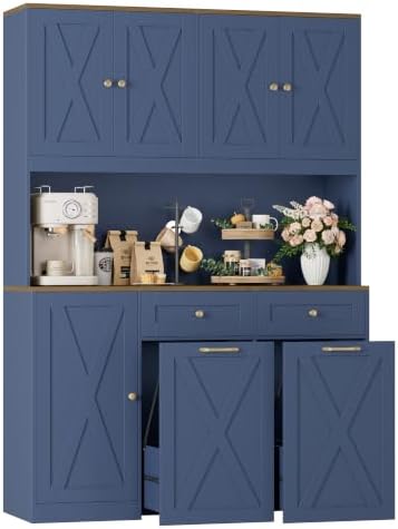 71" Kitchen Pantry with 12.5 Gallon Double Trash Can Cabinet in Blue