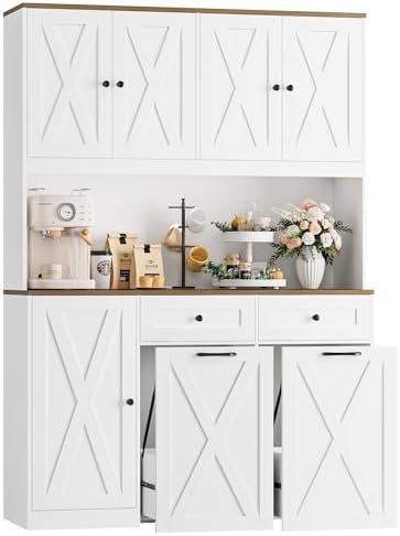 71" Kitchen Pantry with 12.5 Gallon Double Trash Can Cabinet in White