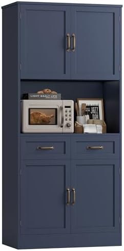 71" Tall Kitchen Pantry Storage Cabinet in Blue + Bronze Handles