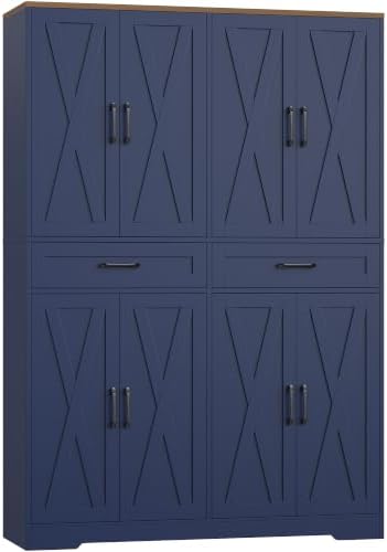 71" Tall Kitchen Pantry Storage Cabinet with Doors & Shelves in Navy Blue/Brown