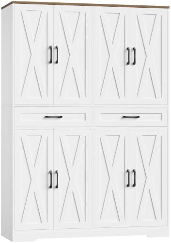 71" Tall Kitchen Pantry Storage Cabinet with Doors & Shelves in White/Brown