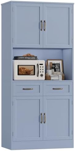 71" Tall Kitchen Pantry Storage Cabinet in Light Blue + Bronze Handles