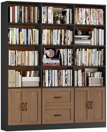 71" Tall Triple Wide Bookshelf with Storage Drawers & Doors in Brown/Black