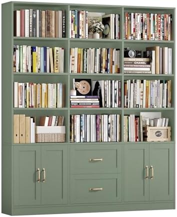 71" Tall Triple Wide Bookshelf with Storage Drawers & Doors in Green