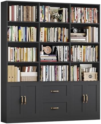 71" Tall Triple Wide Bookshelf with Storage Drawers & Doors in Black