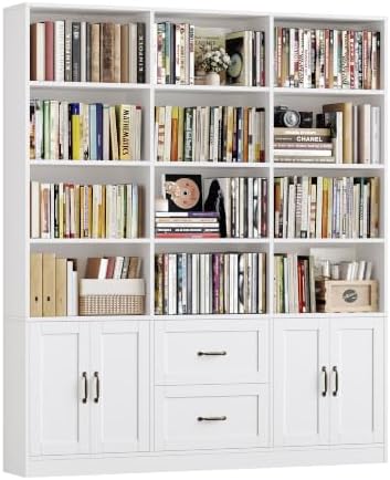 71" Tall Triple Wide Bookshelf with Storage Drawers & Doors in White