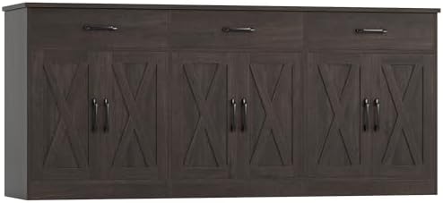 71"W Farmhouse Kitchen Sideboard Buffet Cabinet with Storage in Dark Brown