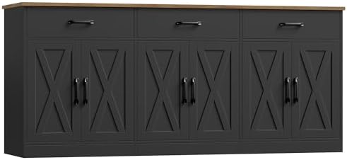 71"W Farmhouse Kitchen Sideboard Buffet Cabinet with Storage in Black