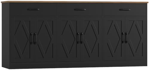 71"W Kitchen Buffet Cabinet with Storage in Black/Rustic Brown