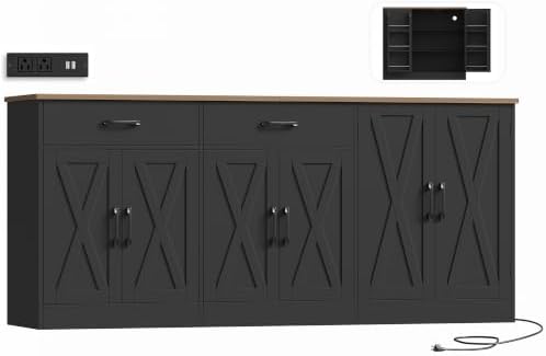 71"W Kitchen Buffet Cabinet with Storage in Black