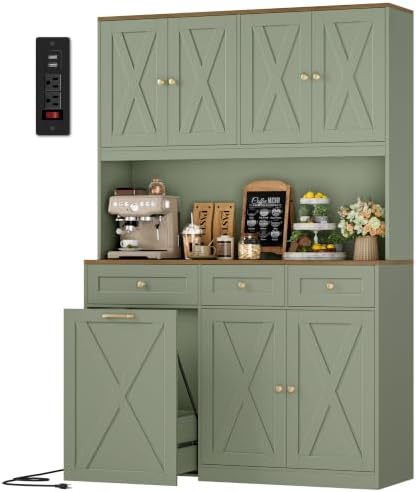 72" Kitchen Pantry with 13 Gallon Pull Out Trash Can Cabinet in Green