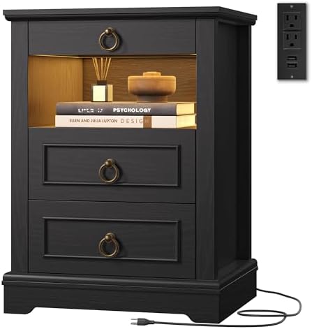 Black LED Nightstand with Charging Station