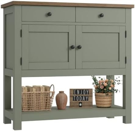 Farmhouse Console Table with Storage in Sage Green