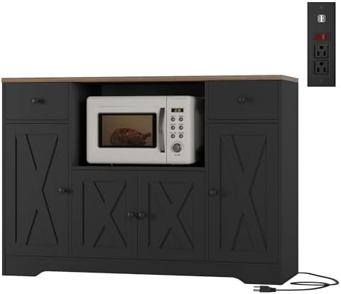 Microwave Cabinet with Power Outlets in Black