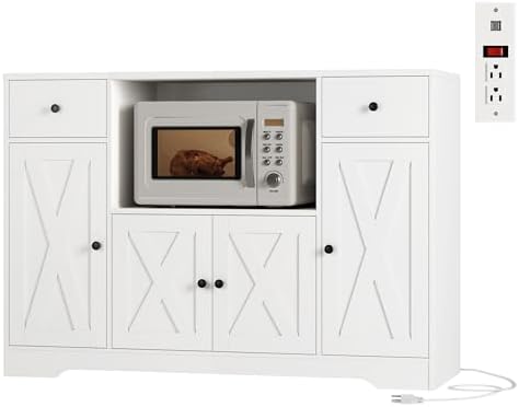 Microwave Cabinet with Power Outlets in White