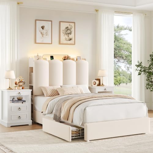 Upholstered Platform Bed Frame with Storage Headboard in Beige