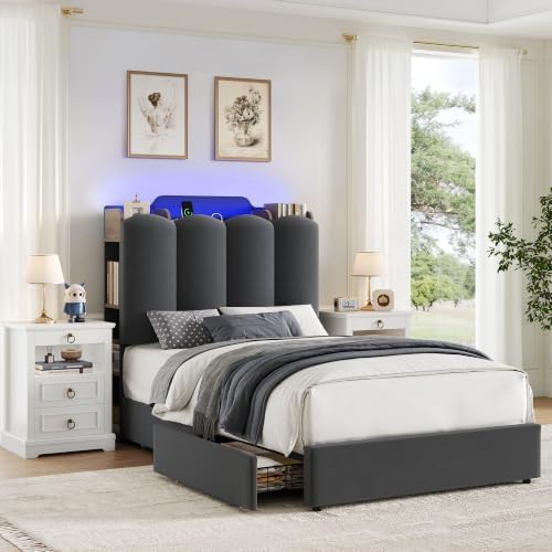 Upholstered Platform Bed Frame with Storage Headboard in Grey
